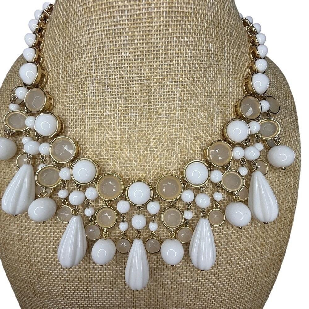 Boho Glam Statement White Champagne Gold Tone Bib Necklace from Banana Republic - Picture 4 of 14